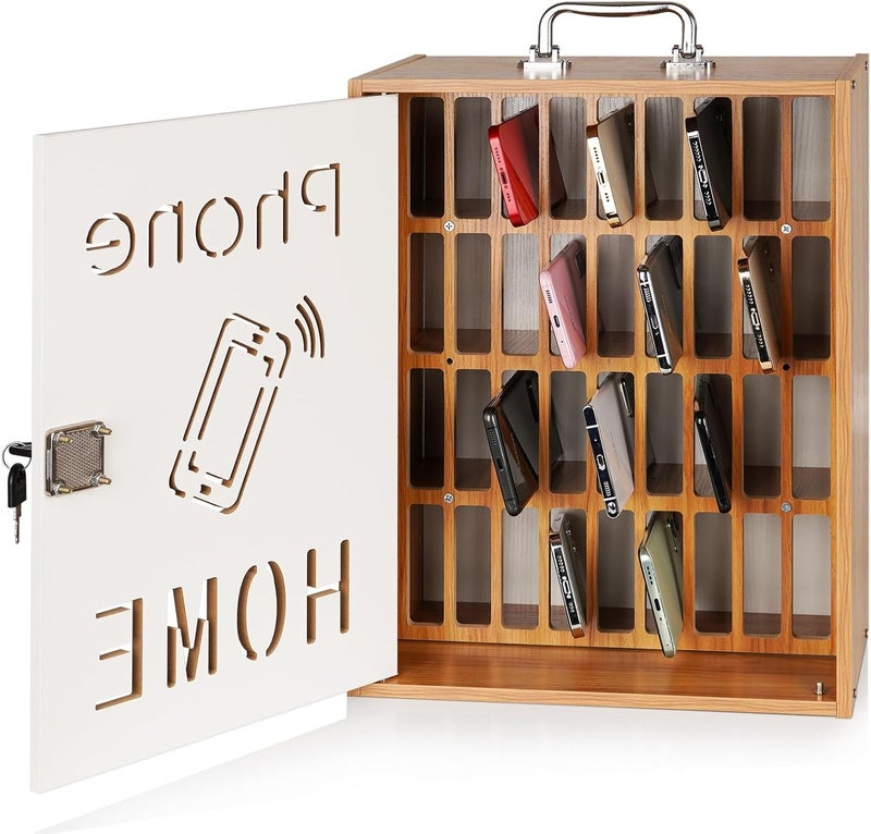 Lzttyee Cell Phone Holder Classroom 36 Slots Wooden Cell Phone Storage Cabinet Pocket Chart with Handle and Security Lock for Classroom Office (36 Grid Cabinet Cherry) - Image 1